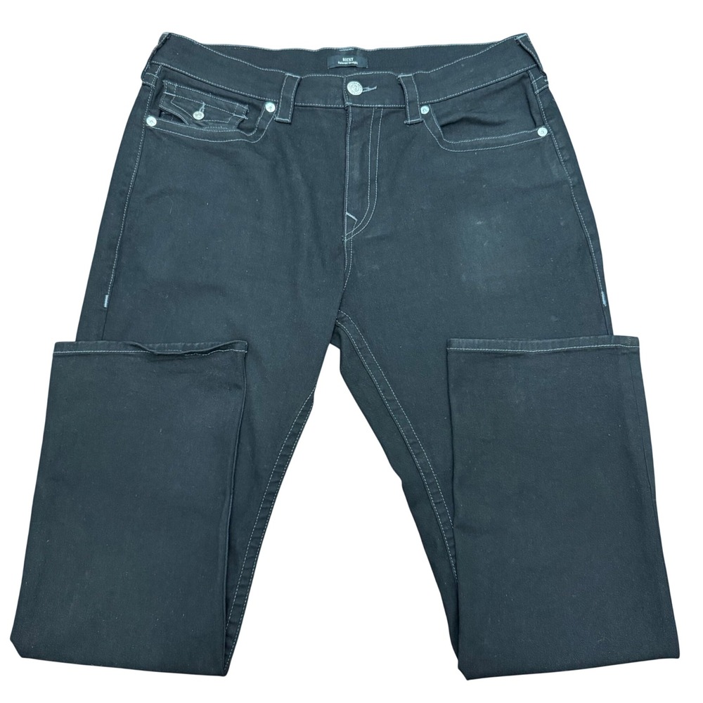 True Religion Ricky Relaxed Straight Jeans Mens 36 Black Contrast Stitch Flap